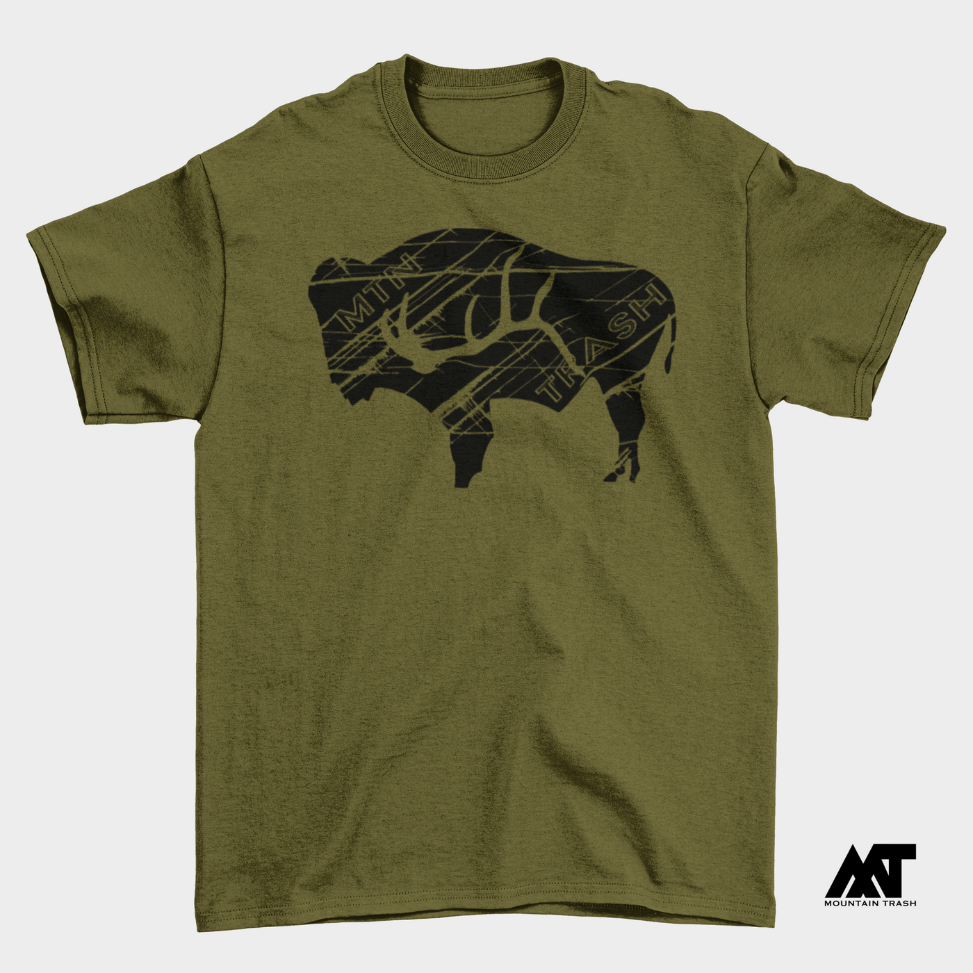 Bison w/ Text T-shirt - Military Green